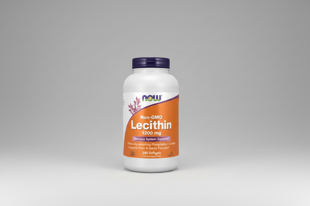 Supplement bottle labeled 'Lecithin 1200 mg' with NOW brand on a white background