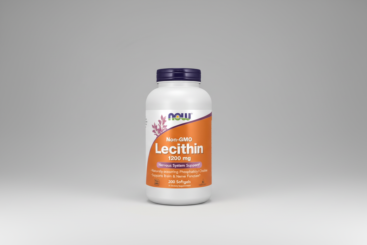 Supplement bottle labeled 'Lecithin 1200 mg' with NOW brand on a white background