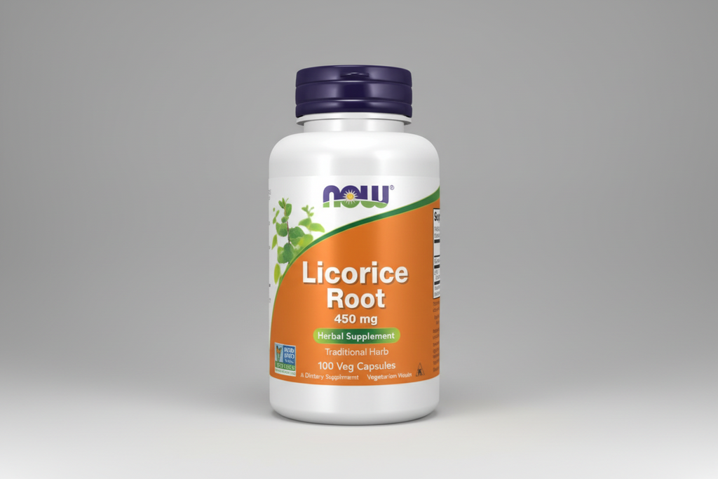 Supplement bottle of Licorice Root by NOW on a white background