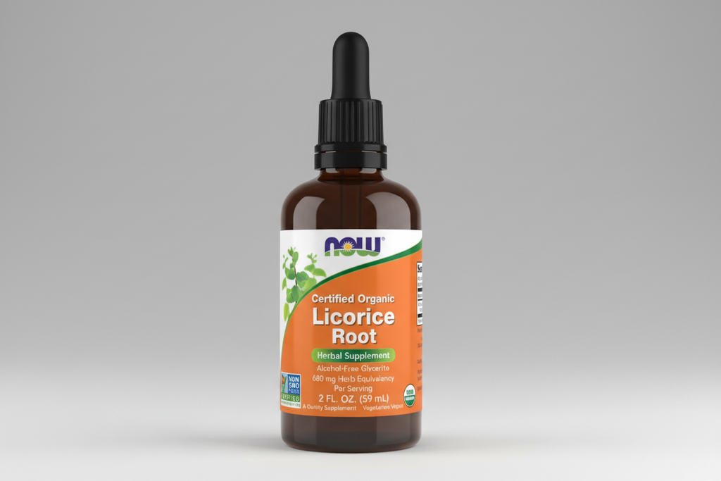 Bottle of Now Organic Licorice Root supplement with dropper on a white background