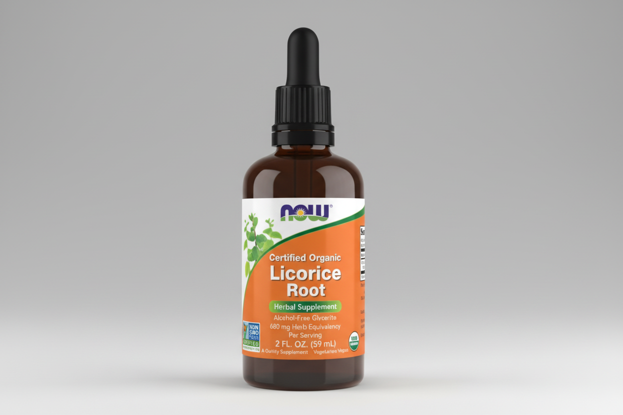 Bottle of Now Organic Licorice Root supplement with dropper on a white background