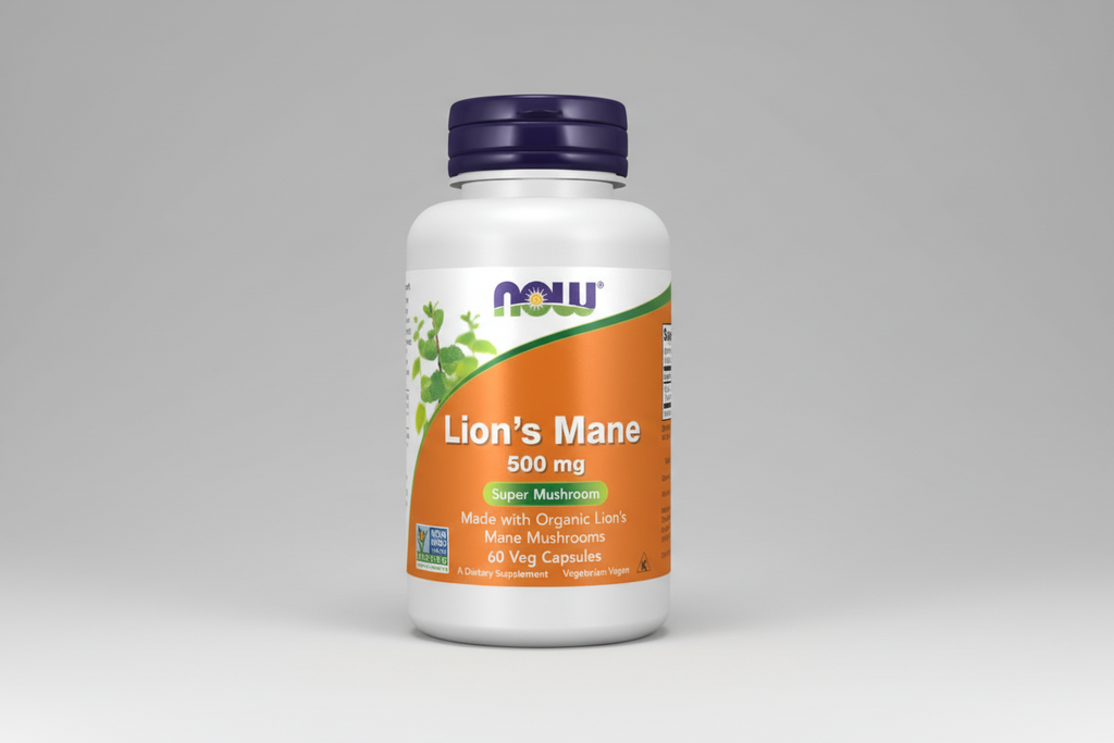 Supplement bottle labeled 'Lion's Mane' with NOW brand on an orange background