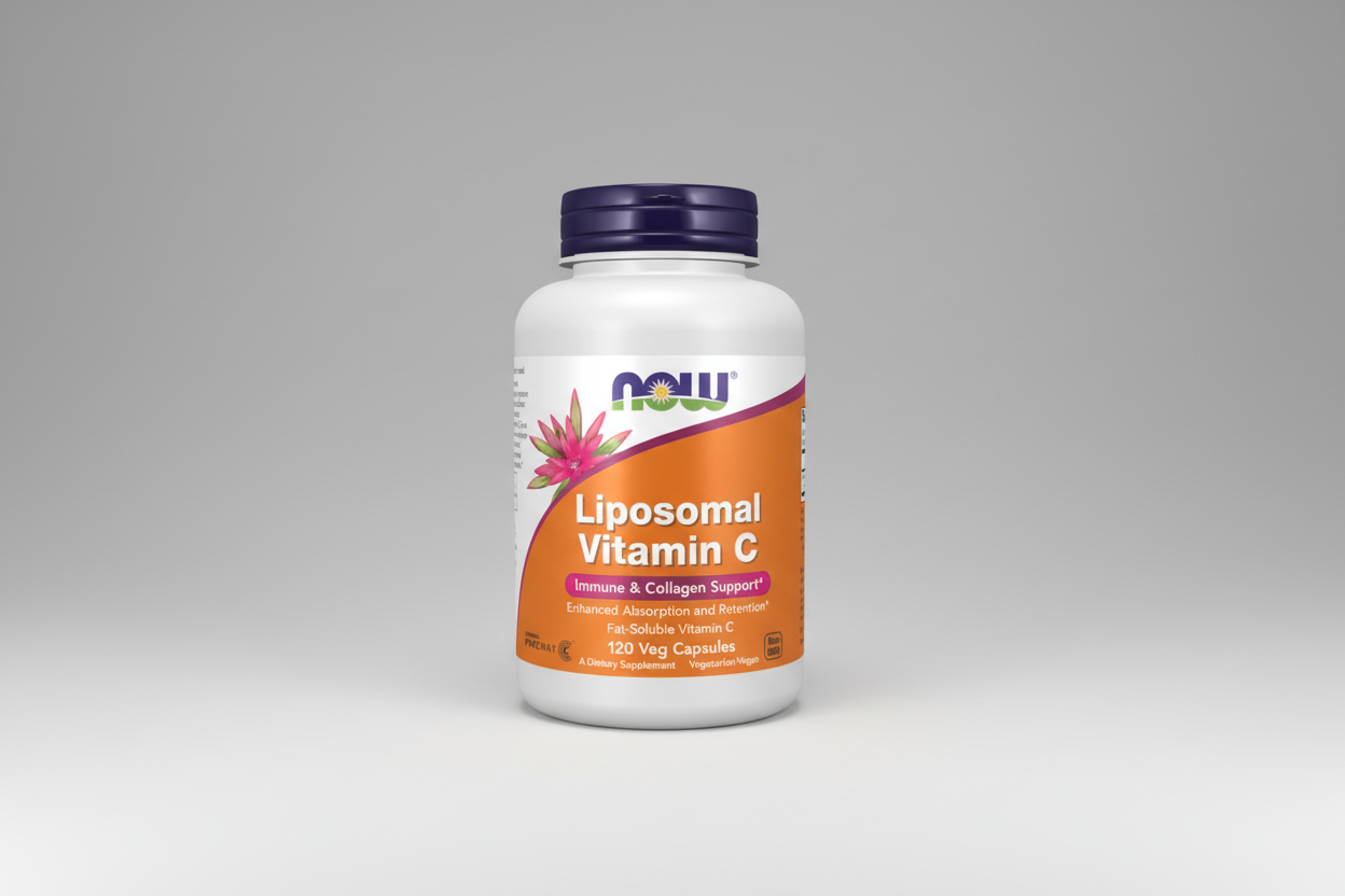 Bottle of Now Foods Liposomal Vitamin C supplement on a white background