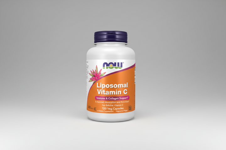Bottle of Now Foods Liposomal Vitamin C supplement on a white background