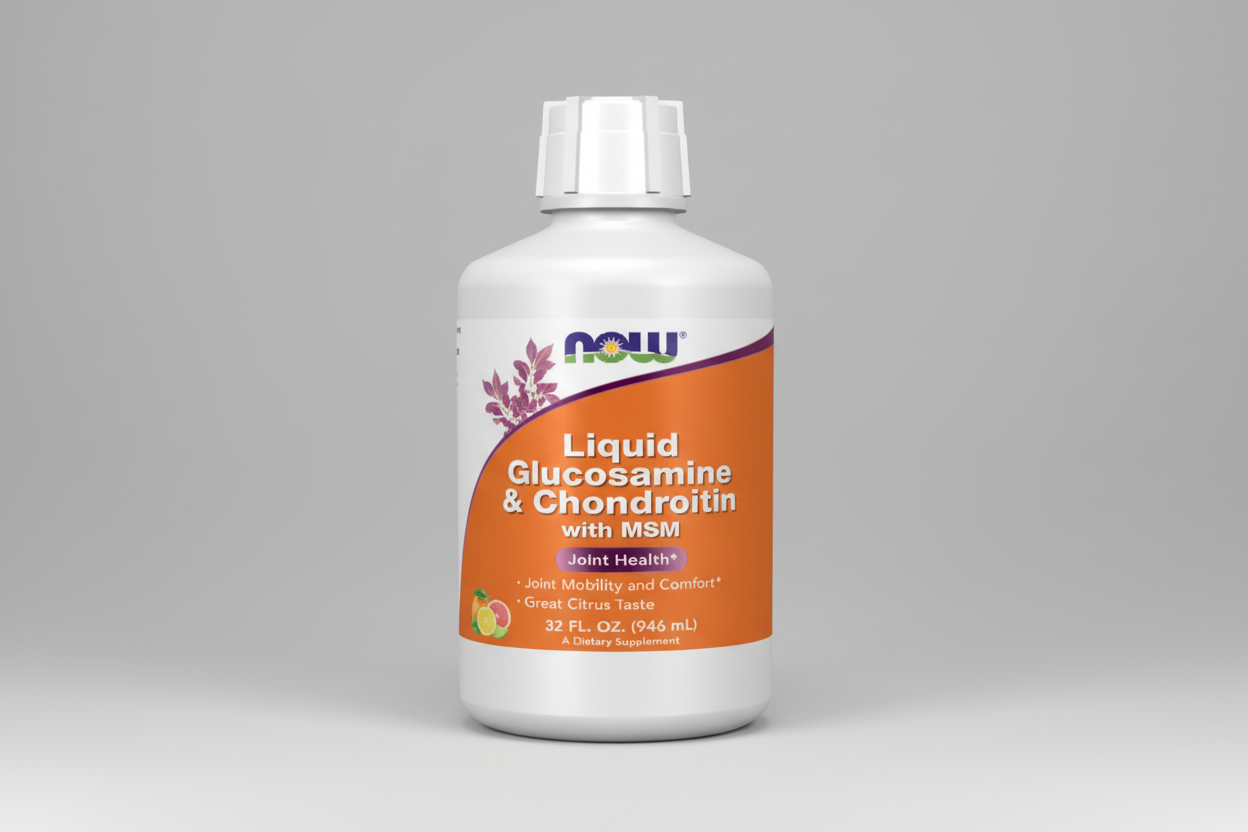 Bottle of NOW Liquid Glucosamine & Chondroitin with MSM on a white background