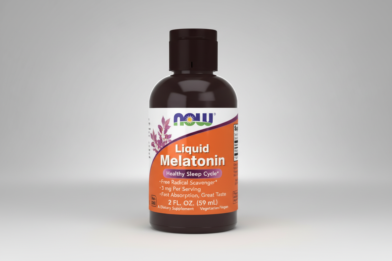 Liquid Melatonin supplement bottle with NOW label on a white background