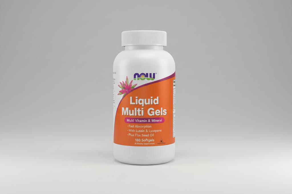 Supplement bottle labeled 'Liquid Multi Gels' with NOW brand logo on a white background