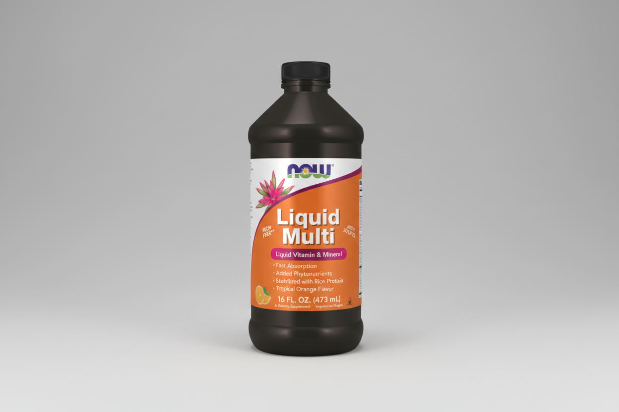 Bottle of NOW Liquid Multi on a white background