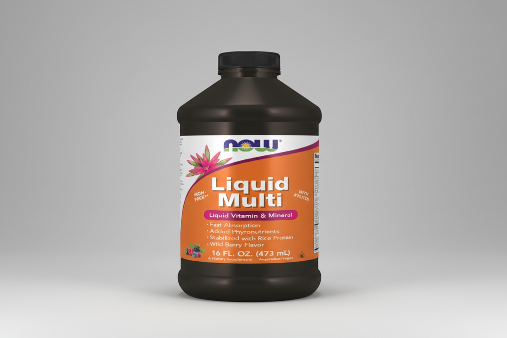 Bottle of NOW Liquid Multi supplement on a white background