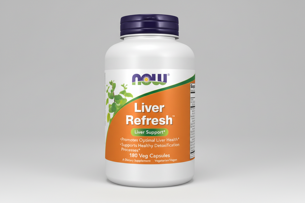 Supplement bottle labeled 'Liver Refresh' with Now brand on a white background