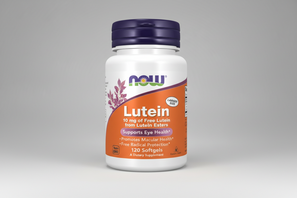 Supplement bottle labeled 'Lutein' with NOW brand on a white background