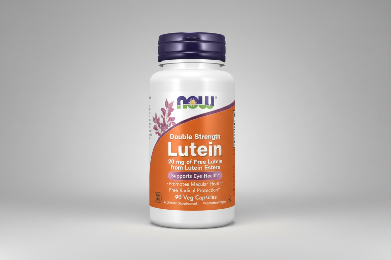 Supplement bottle labeled 'Double Strength Lutein' by NOW on a white background