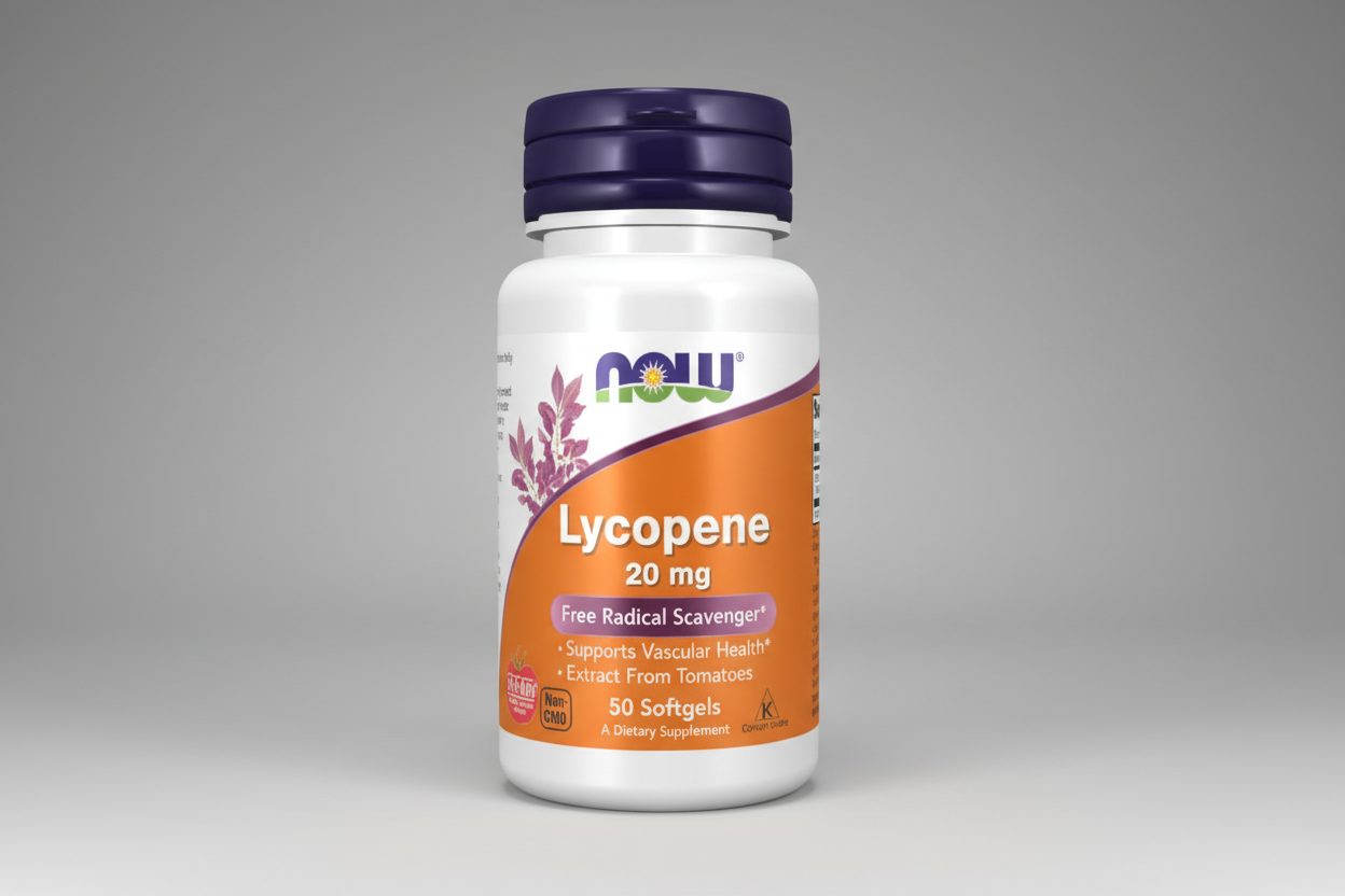 Supplement bottle labeled 'Lycopene 20 mg' with NOW brand on a white background