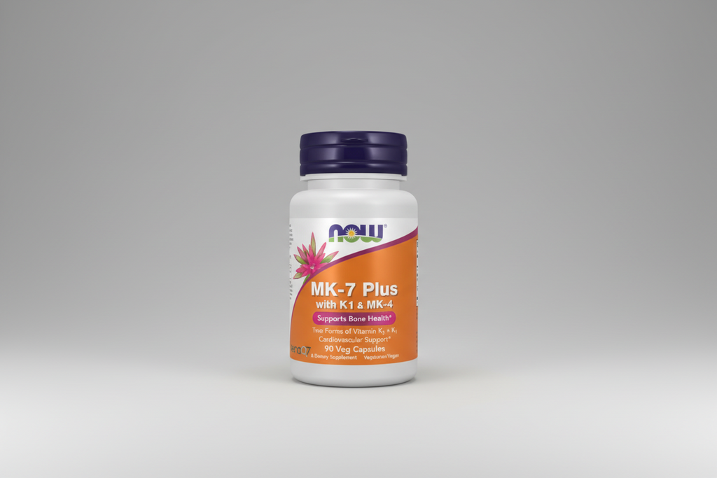Supplement bottle labeled 'MK-7 Plus with K1 & MK-4' by NOW on a white background