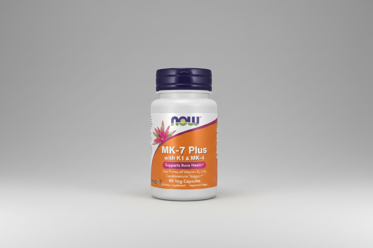 Supplement bottle labeled 'MK-7 Plus with K1 & MK-4' by NOW on a white background
