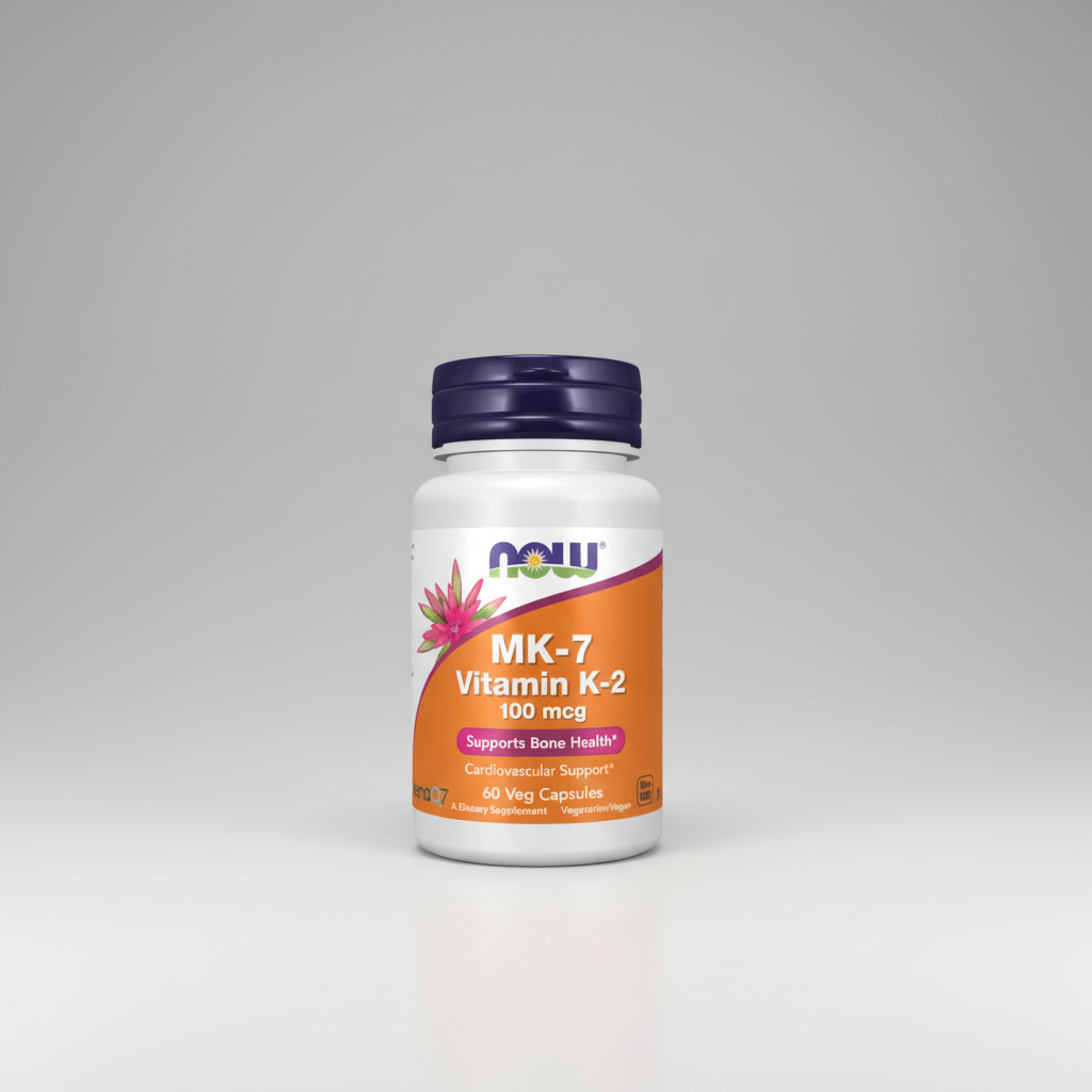 Supplement bottle labeled 'MK-7 Vitamin K-2' with Now brand on a white background