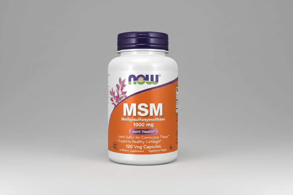 Supplement bottle labeled 'MSM' with Now Foods branding on a white background