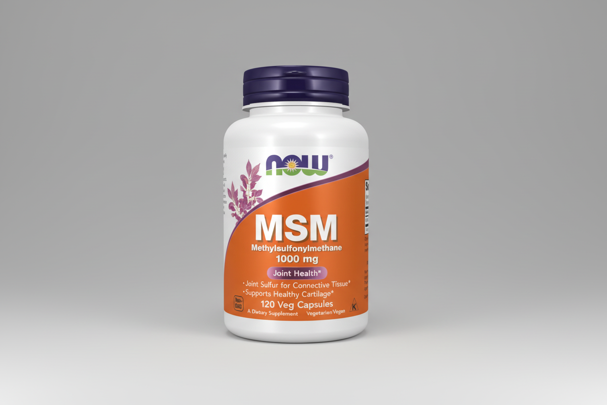 Supplement bottle labeled 'MSM' with Now Foods branding on a white background