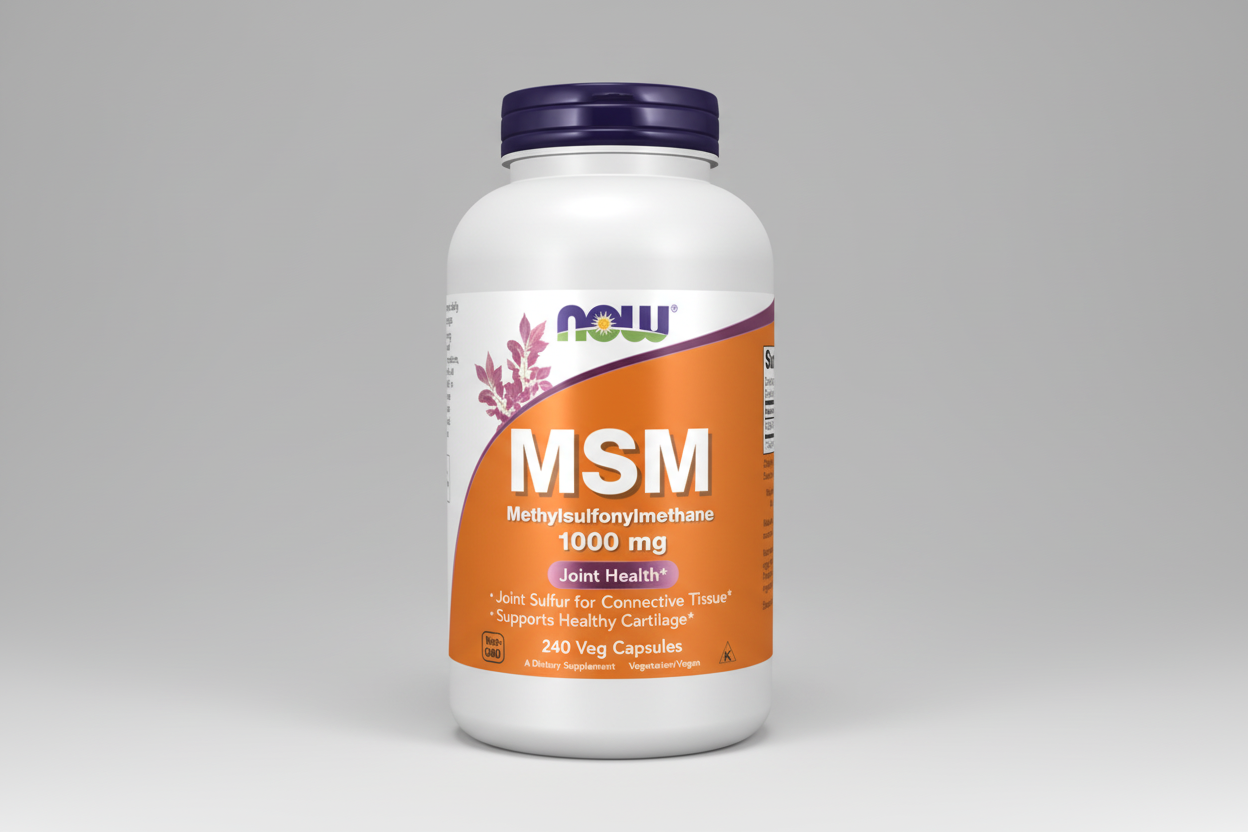 Supplement bottle labeled 'MSM' with Now brand on a white background