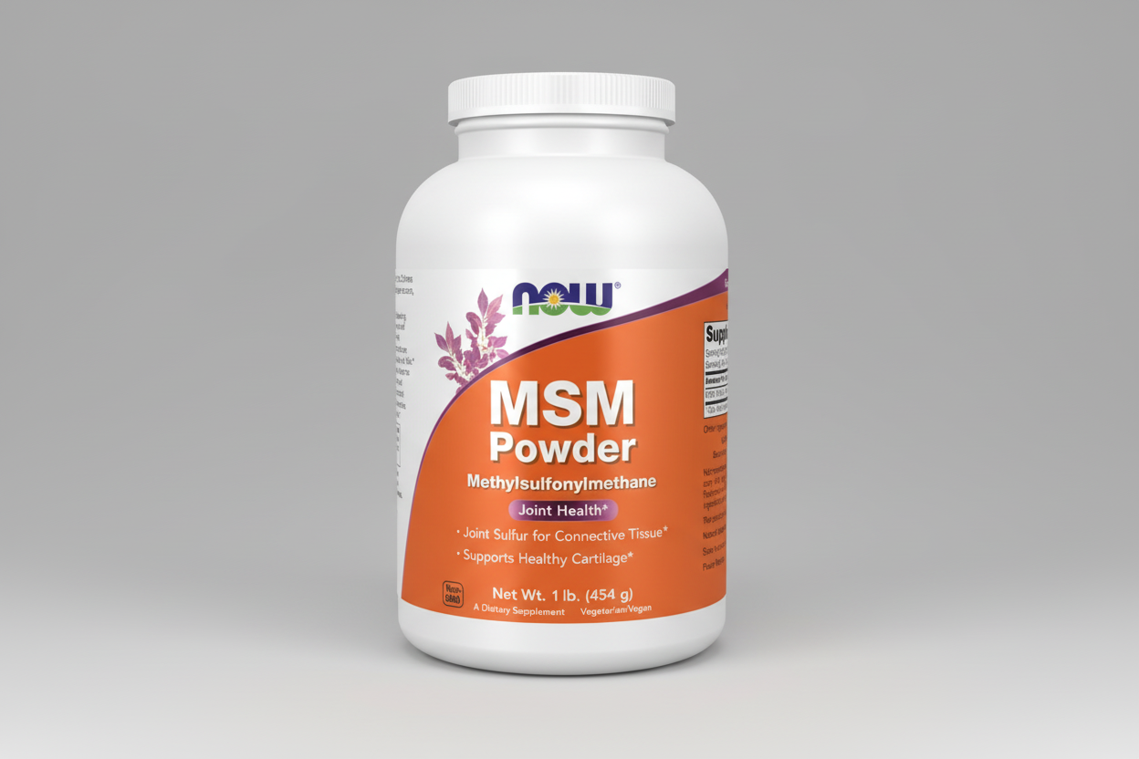 Bottle of MSM Powder supplement with NOW brand on an orange and white label.