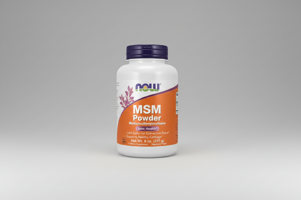Supplement bottle labeled 'MSM Powder' by NOW on a white background
