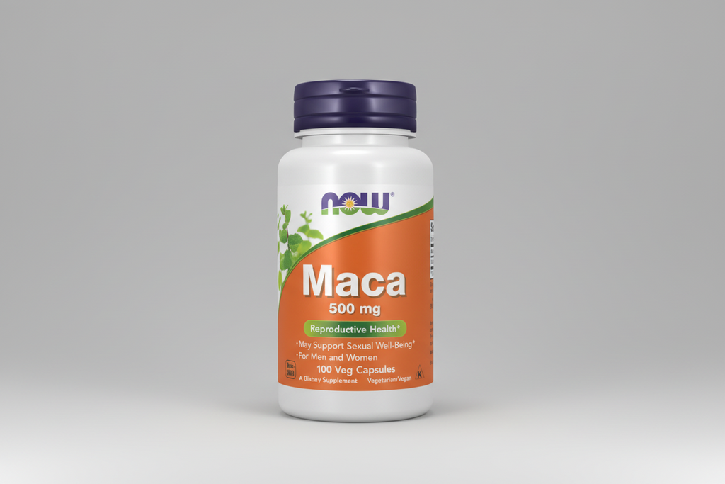 Supplement bottle labeled 'Maca 500 mg' with NOW brand on a white background