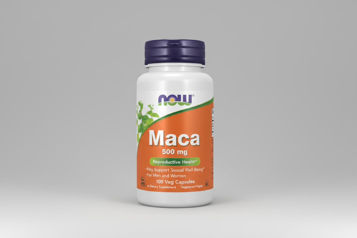 Supplement bottle labeled 'Maca 500 mg' with NOW brand on a white background
