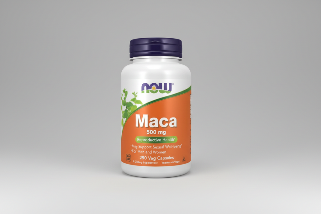 Supplement bottle labeled 'Maca 500 mg' by NOW on a white background