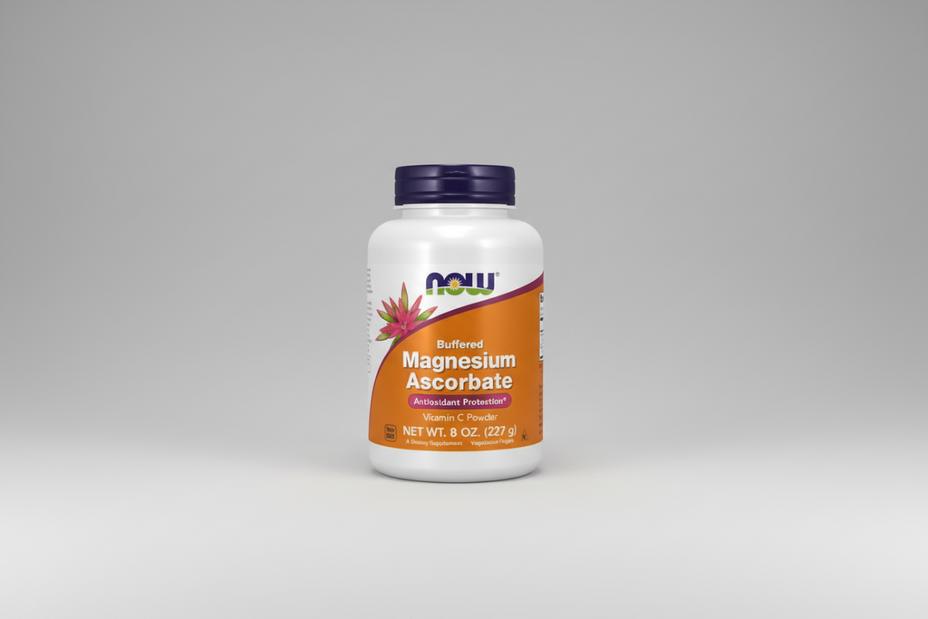 Supplement bottle labeled 'Buffered Magnesium Ascorbate' by NOW on a white background