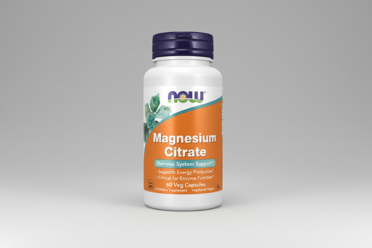 Supplement bottle labeled 'Magnesium Citrate' with a white background