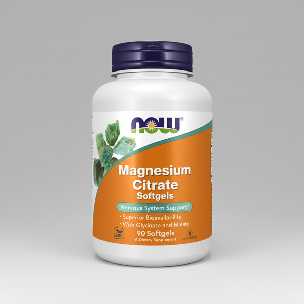 Supplement bottle labeled 'Magnesium Citrate Softgels' with NOW brand on a white background