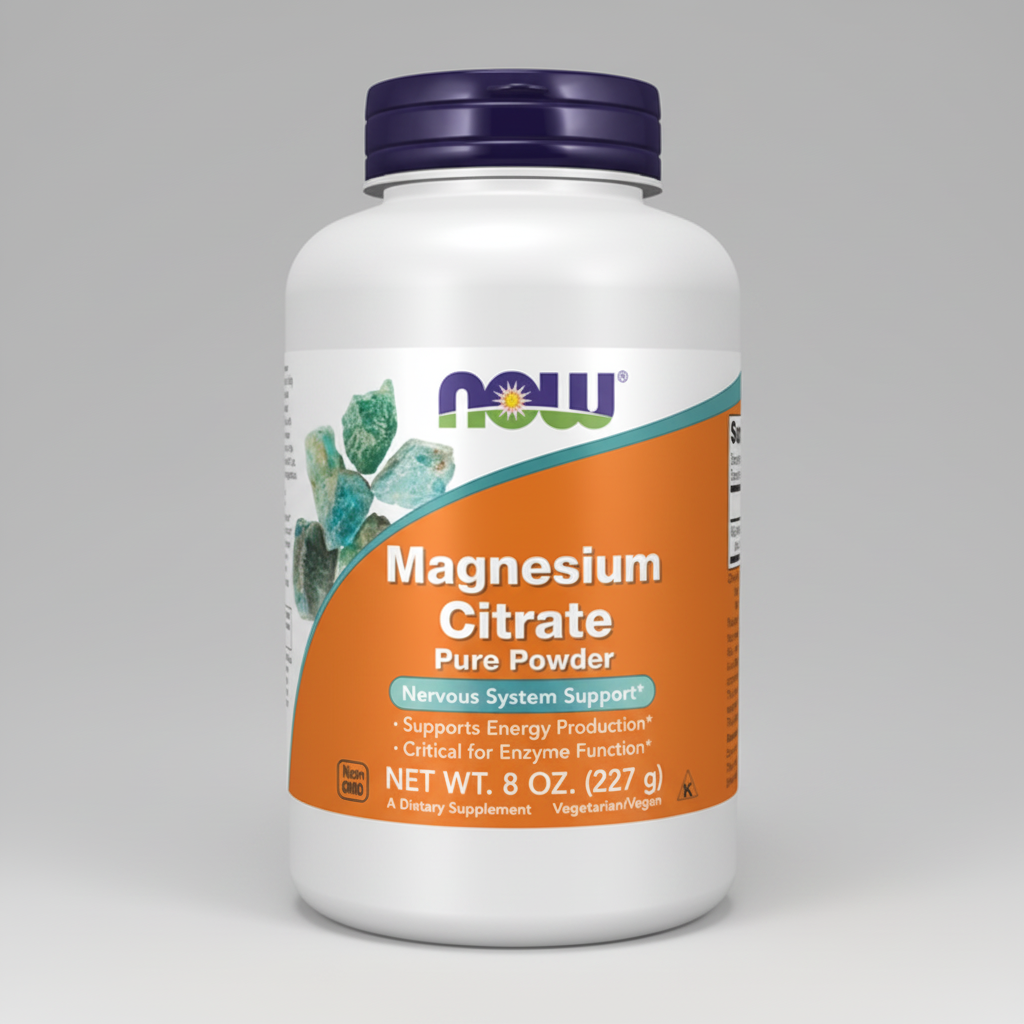 Supplement bottle labeled 'Magnesium Citrate Pure Powder' by NOW on a white background