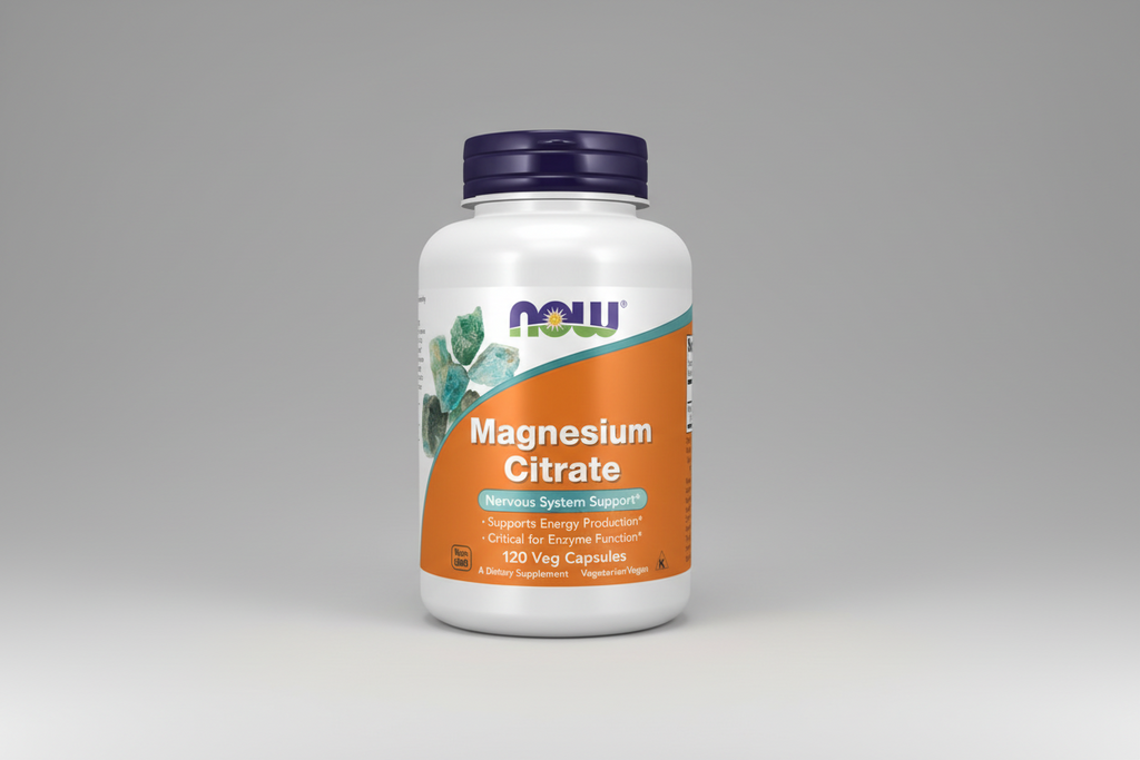 Supplement bottle labeled 'Magnesium Citrate' by NOW on a white background