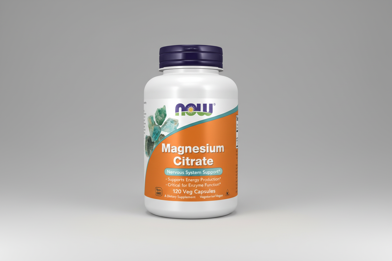 Supplement bottle labeled 'Magnesium Citrate' by NOW on a white background