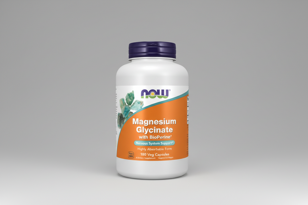 Supplement bottle labeled 'Magnesium Glycinate with BioPerine' on a white background