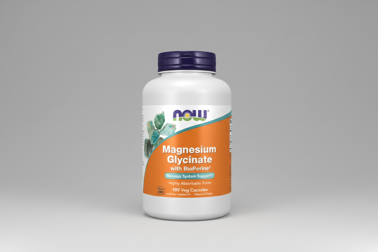 Supplement bottle labeled 'Magnesium Glycinate with BioPerine' on a white background