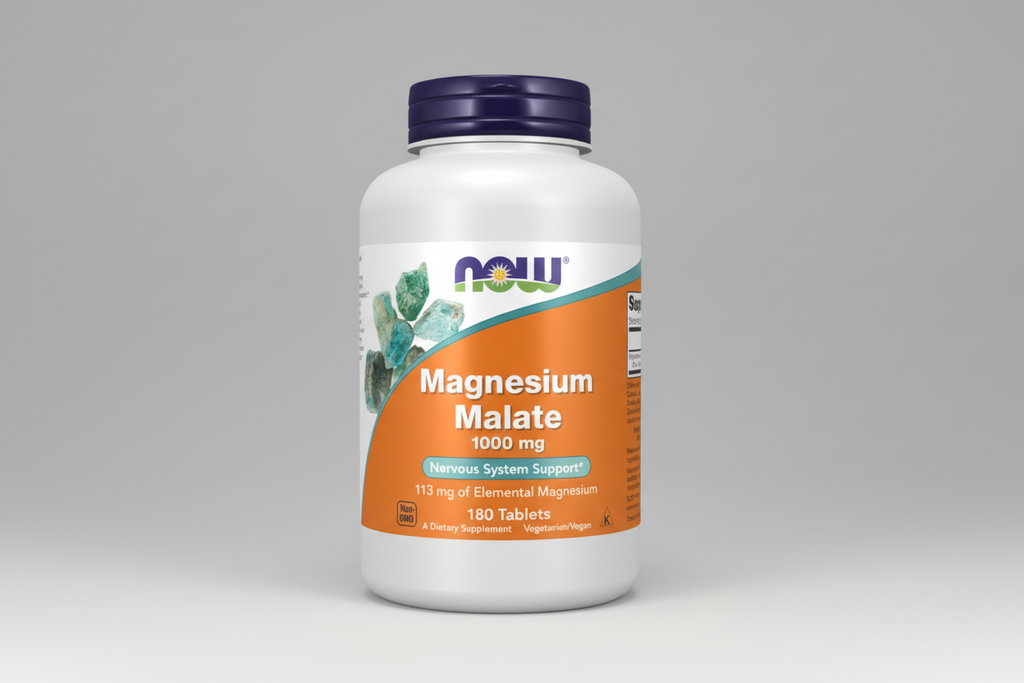 Supplement bottle labeled 'Magnesium Malate 1000 mg' by NOW on a white background