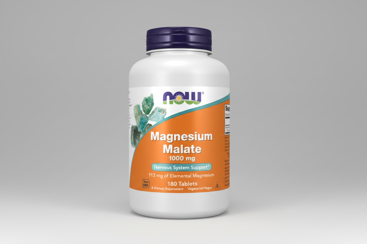 Supplement bottle labeled 'Magnesium Malate 1000 mg' by NOW on a white background