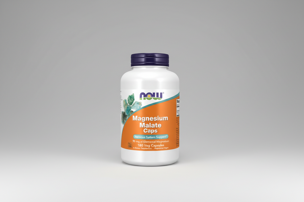 Supplement bottle labeled 'Magnesium Malate Caps' with NOW brand on a white background