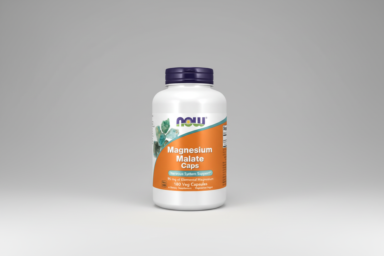 Supplement bottle labeled 'Magnesium Malate Caps' with NOW brand on a white background