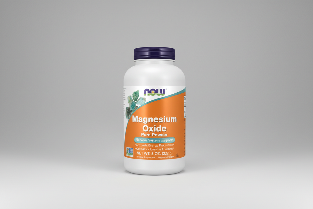 Supplement bottle labeled 'Magnesium Oxide Pure Powder' by NOW on a white background