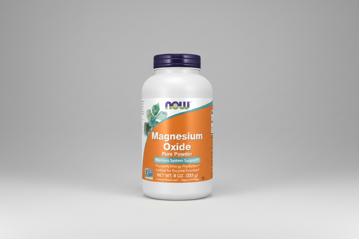 Supplement bottle labeled 'Magnesium Oxide Pure Powder' by NOW on a white background
