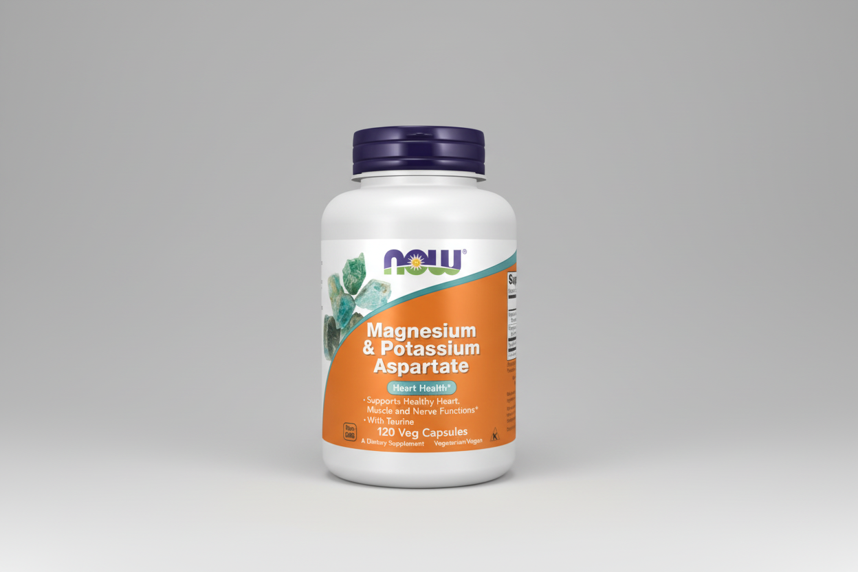 Supplement bottle labeled 'Magnesium & Potassium Aspartate' by NOW on a white background