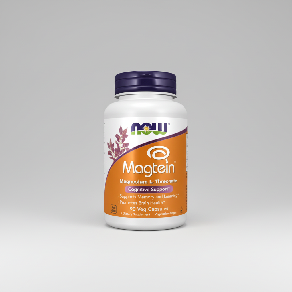 Supplement bottle labeled 'Magtein' with Now Foods branding on a white background