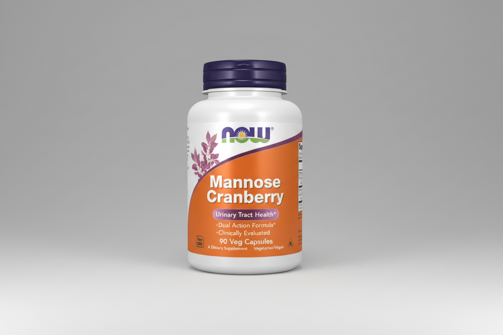 Supplement bottle labeled 'Mannose Cranberry' with NOW brand on a white background