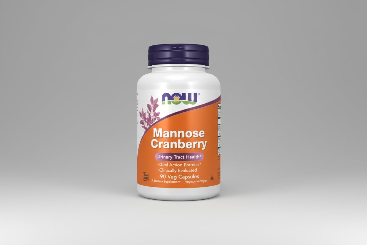 Supplement bottle labeled 'Mannose Cranberry' with NOW brand on a white background