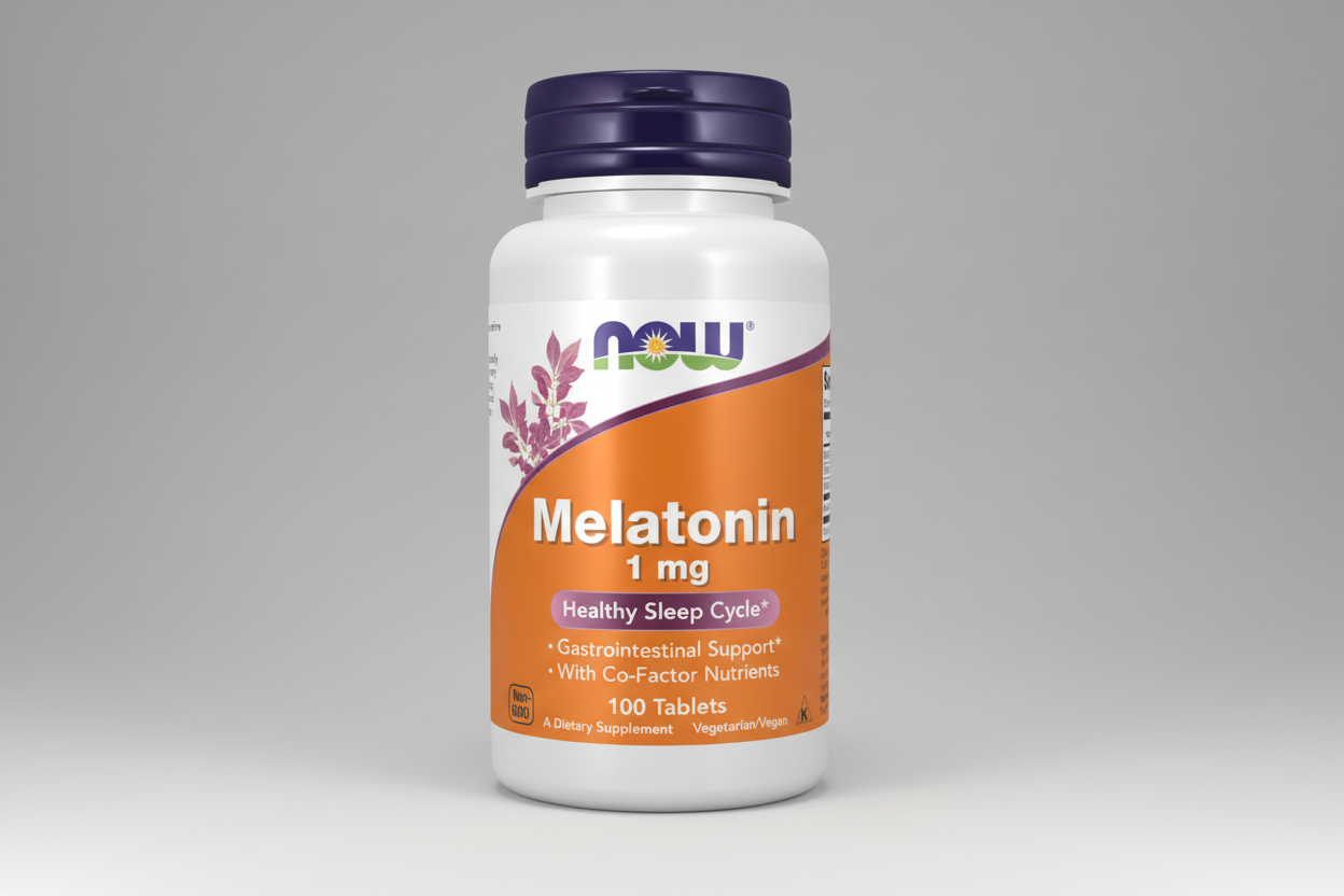 Melatonin supplement bottle with NOW brand on a white background