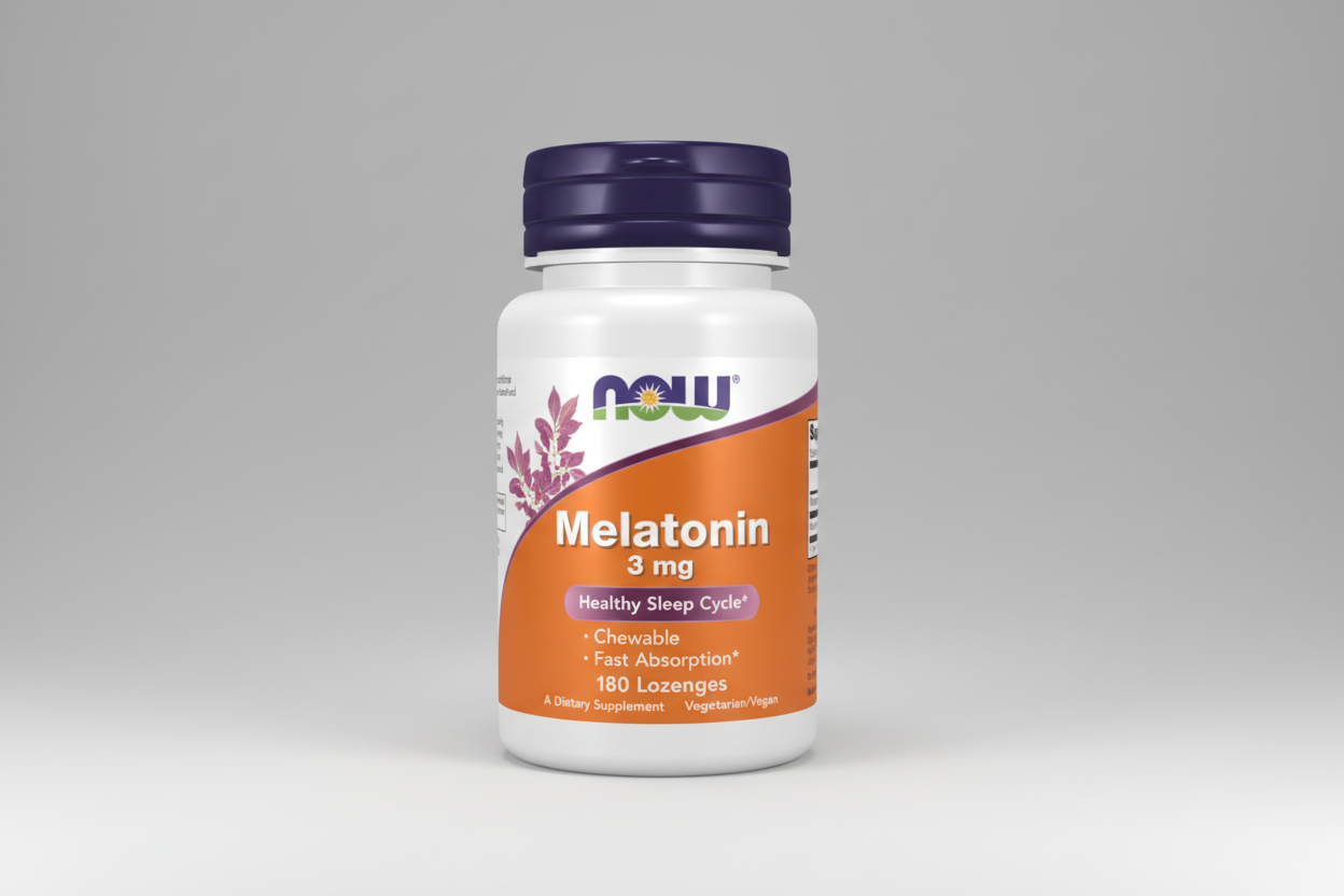 Melatonin supplement bottle with NOW brand on a white background