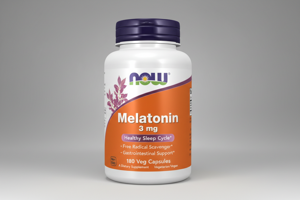 Melatonin supplement bottle with NOW brand on a white background