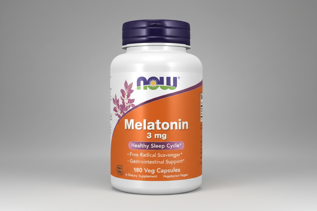 Melatonin supplement bottle with NOW brand on a white background